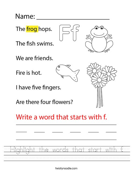 Highlight the words that start with f. Worksheet