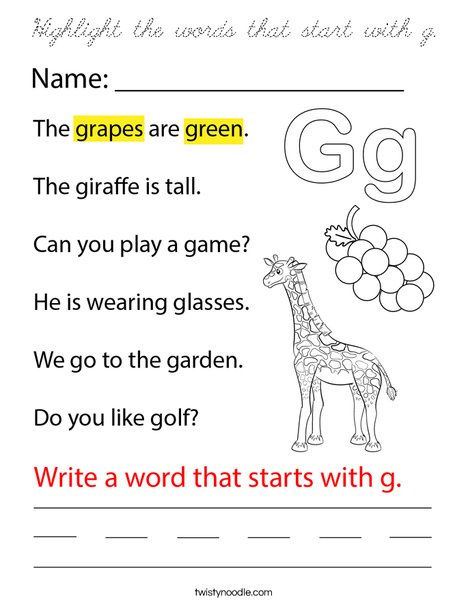 Highlight the words that start with g. Coloring Page