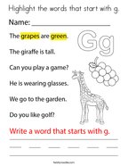 Highlight the words that start with g Coloring Page