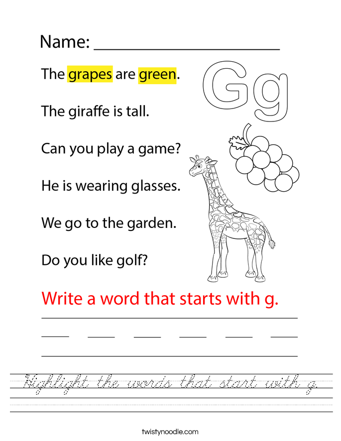 Highlight the words that start with g. Worksheet