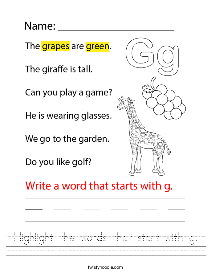 Highlight the words that start with g. Worksheet