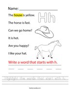 Highlight the words that start with h Handwriting Sheet