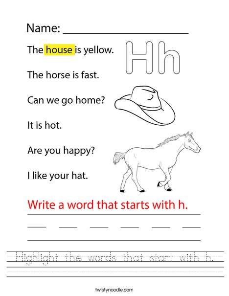 Highlight the words that start with h. Worksheet