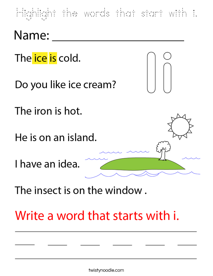 Highlight the words that start with i. Coloring Page