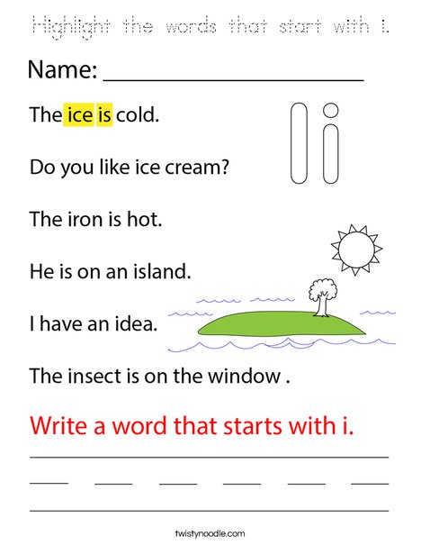 Highlight the words that start with i. Coloring Page