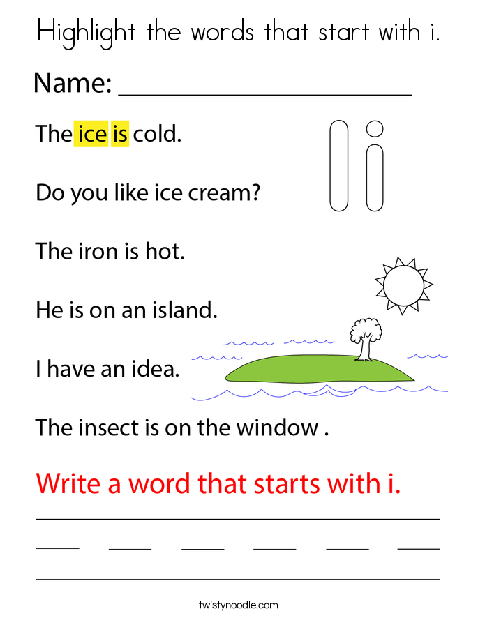 Highlight the words that start with i. Coloring Page