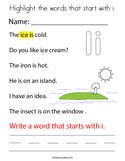 Highlight the words that start with i Coloring Page