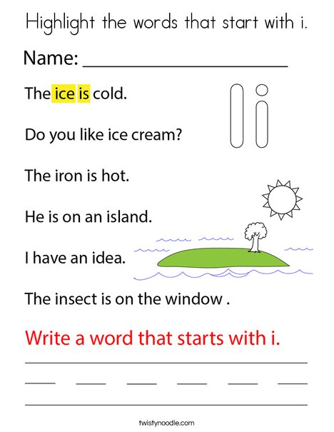 Highlight the words that start with i. Coloring Page