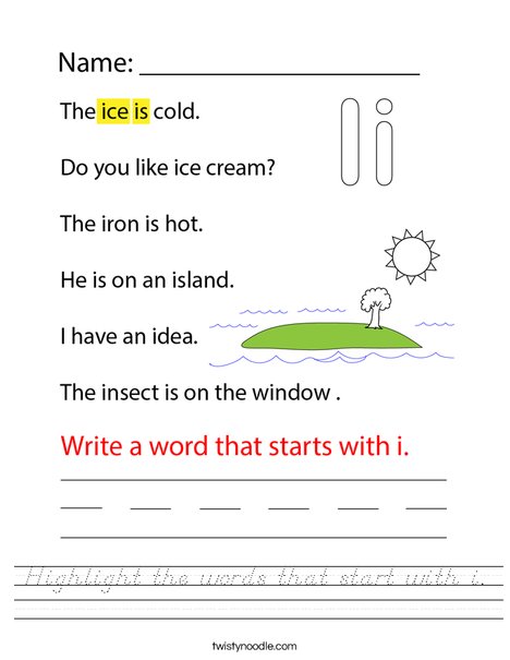 Highlight the words that start with i. Worksheet