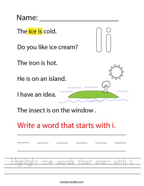 Highlight the words that start with i. Worksheet