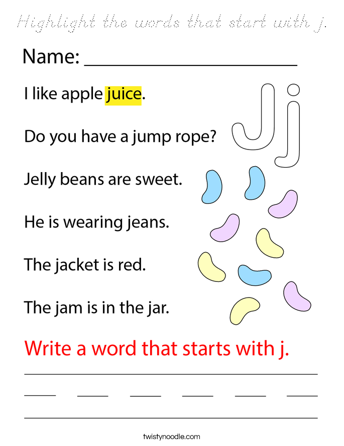 Highlight the words that start with j. Coloring Page