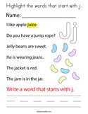 Highlight the words that start with j Coloring Page