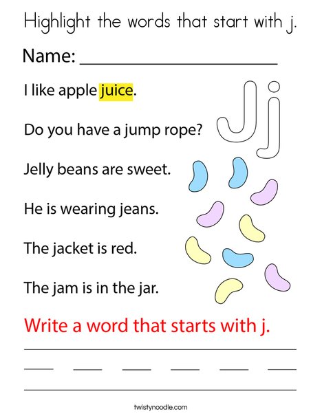 Highlight the words that start with j. Coloring Page