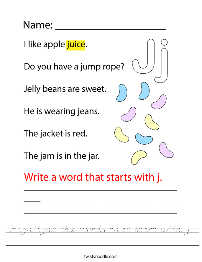 Highlight the words that start with j. Worksheet
