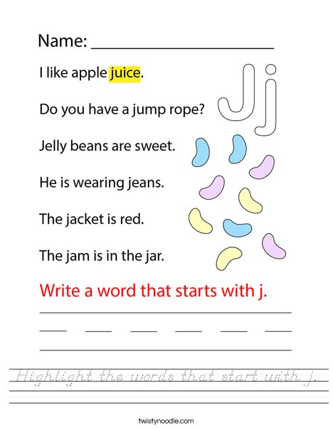 Highlight the words that start with j. Worksheet