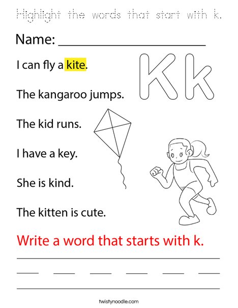 Highlight the words that start with k. Coloring Page