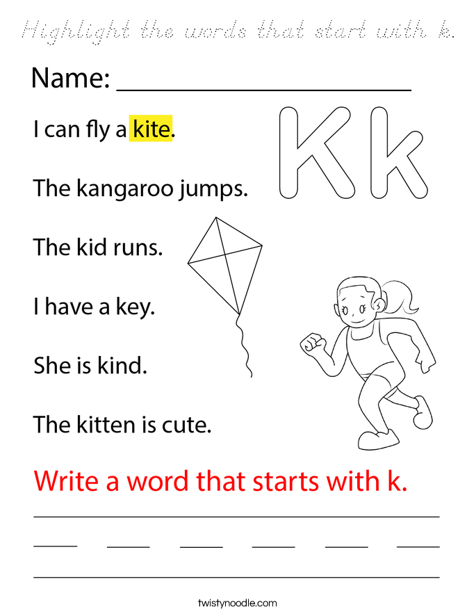 Highlight the words that start with k. Coloring Page