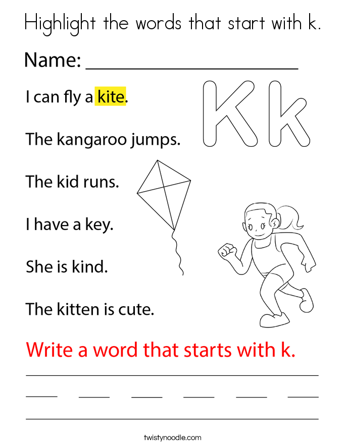 Highlight the words that start with k. Coloring Page