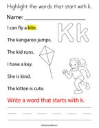 Highlight the words that start with k Coloring Page