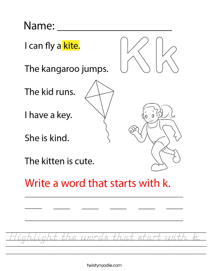 Highlight the words that start with k. Worksheet