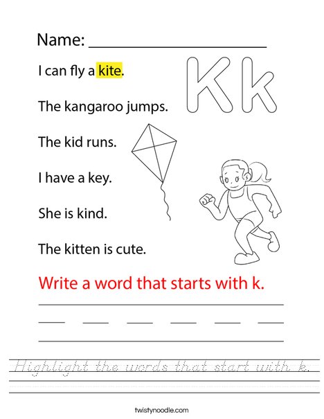 Highlight the words that start with k. Worksheet