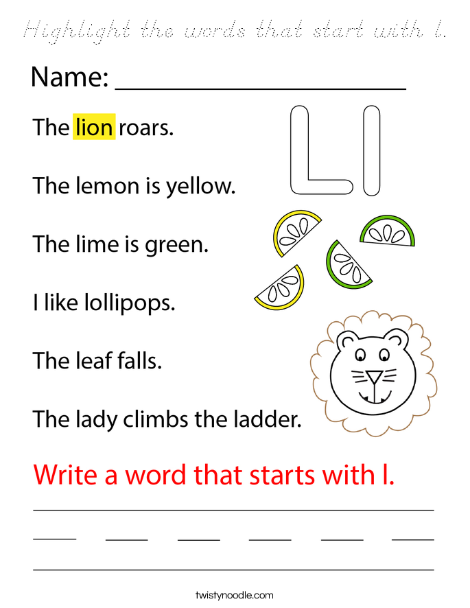 Highlight the words that start with l. Coloring Page