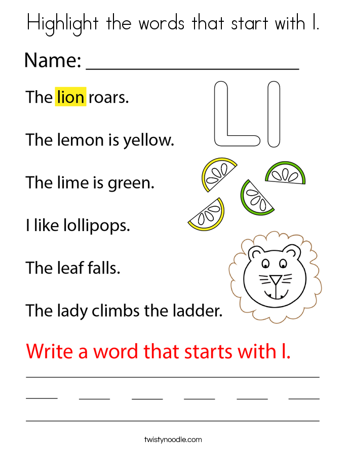 Highlight the words that start with l. Coloring Page