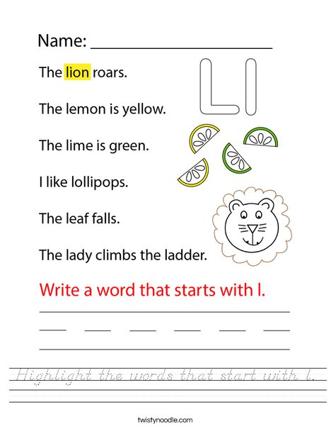 Highlight the words that start with l. Worksheet