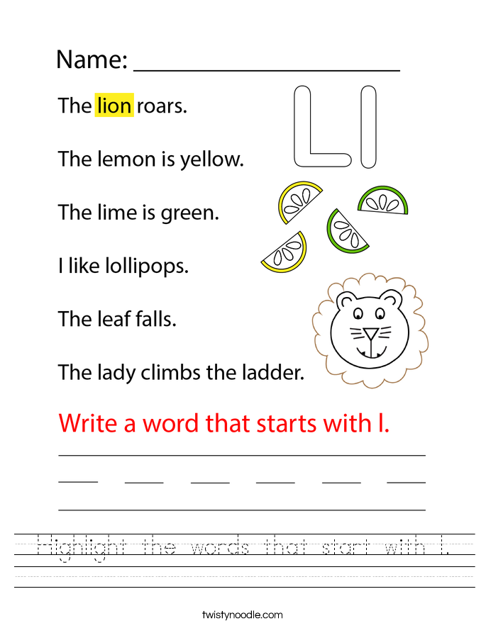 Highlight the words that start with l. Worksheet