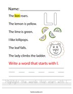 Highlight the words that start with l Handwriting Sheet