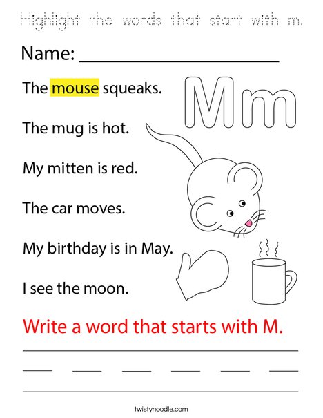 Highlight the words that start with m. Coloring Page
