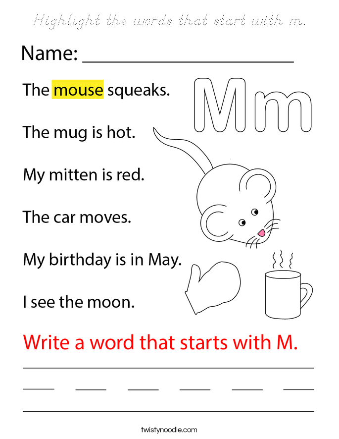 Highlight the words that start with m. Coloring Page
