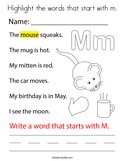 Highlight the words that start with m Coloring Page