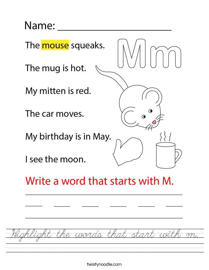 Highlight the words that start with m. Worksheet