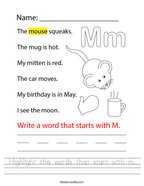 Highlight the words that start with m Handwriting Sheet