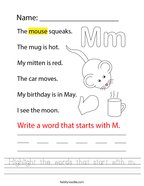 kindergarten worksheets letter m Highlight the words that start with m Handwriting Sheet