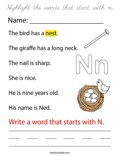 Highlight the words that start with n. Coloring Page