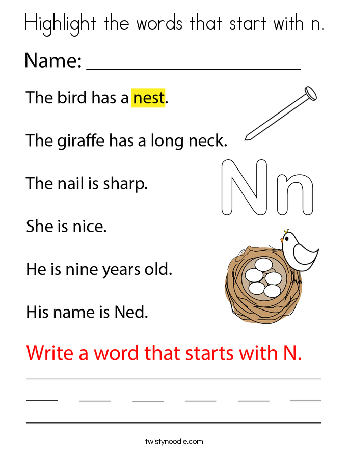 Highlight the words that start with n. Coloring Page