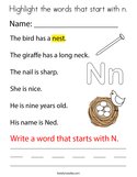 Highlight the words that start with n Coloring Page