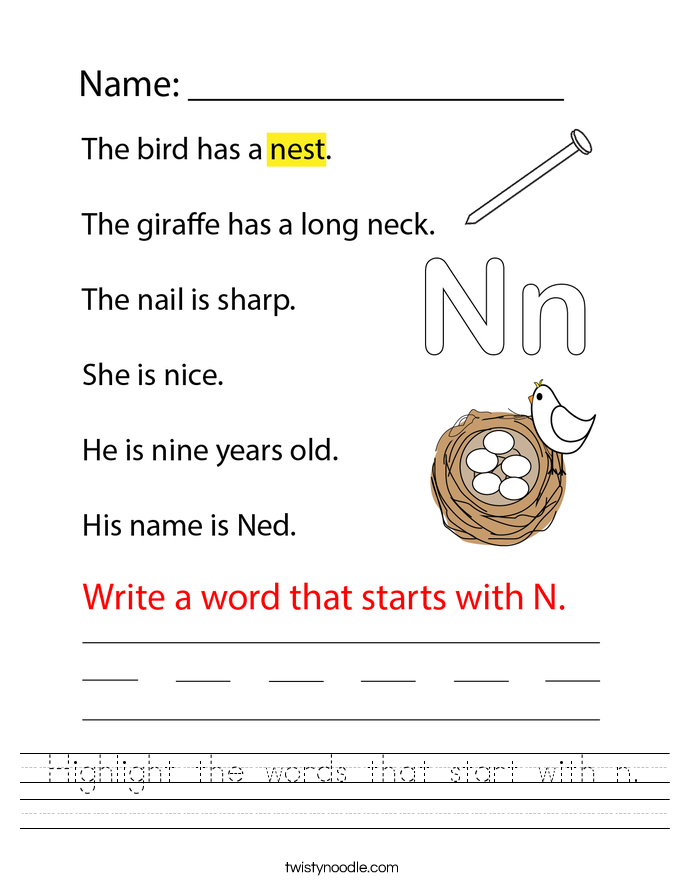 Highlight the words that start with n. Worksheet