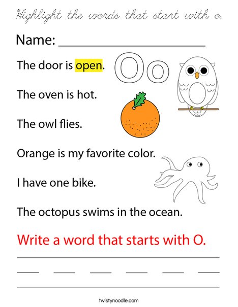 Highlight the words that start with o. Coloring Page