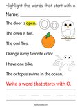Highlight the words that start with o. Coloring Page
