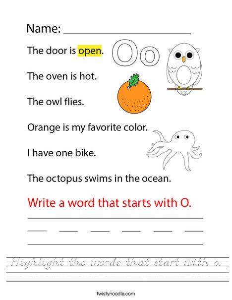 Highlight the words that start with o. Worksheet