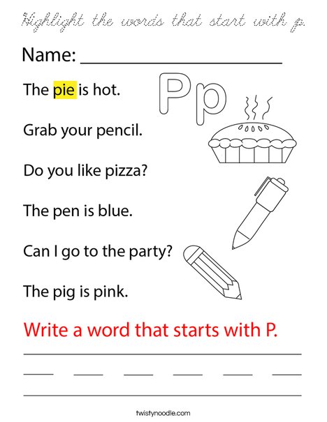 Highlight the words that start with p. Coloring Page