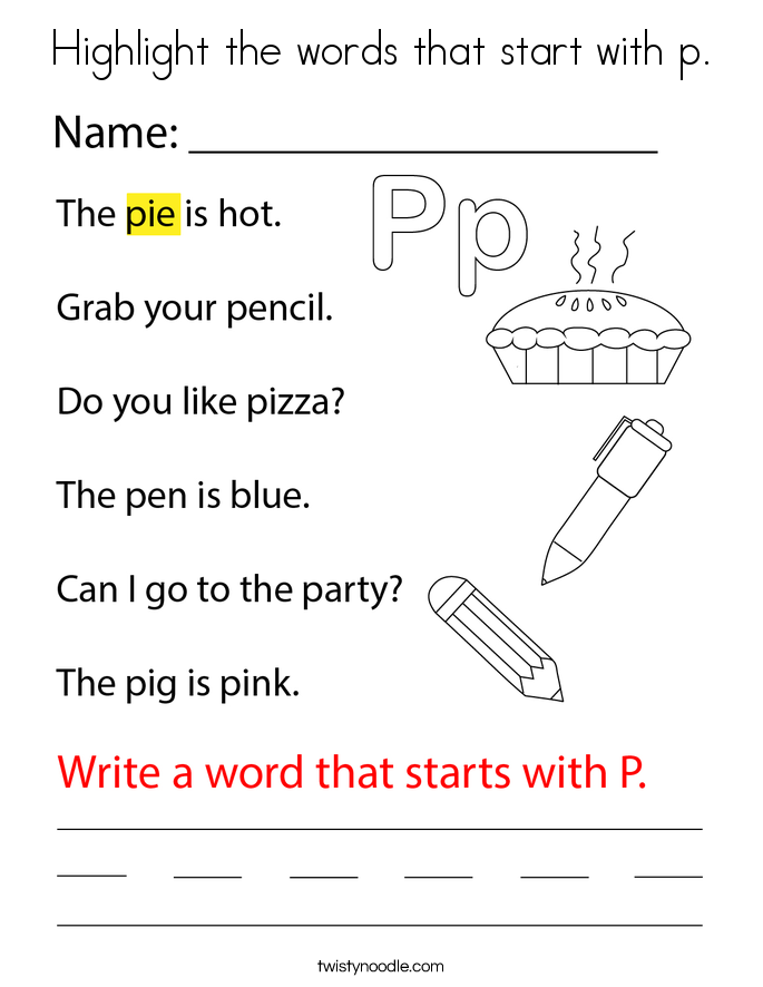 Highlight the words that start with p. Coloring Page