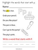 Highlight the words that start with p Coloring Page