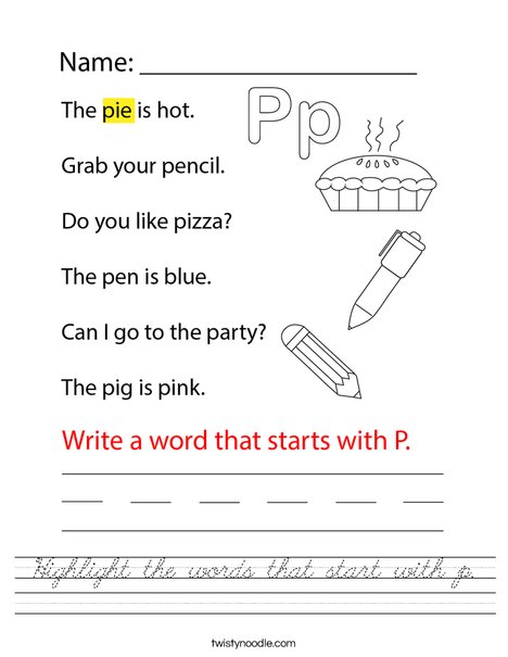 Highlight the words that start with p. Worksheet