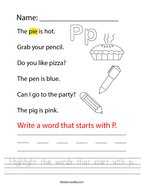 Highlight the words that start with p Handwriting Sheet
