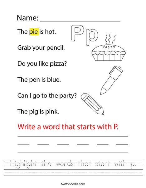 Highlight the words that start with p. Worksheet