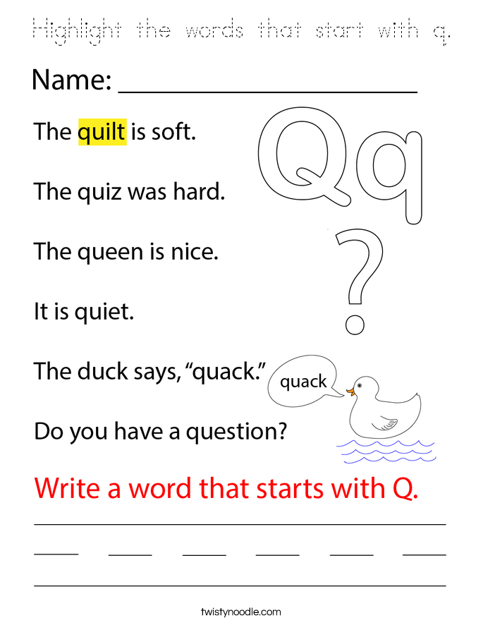 Highlight the words that start with q. Coloring Page